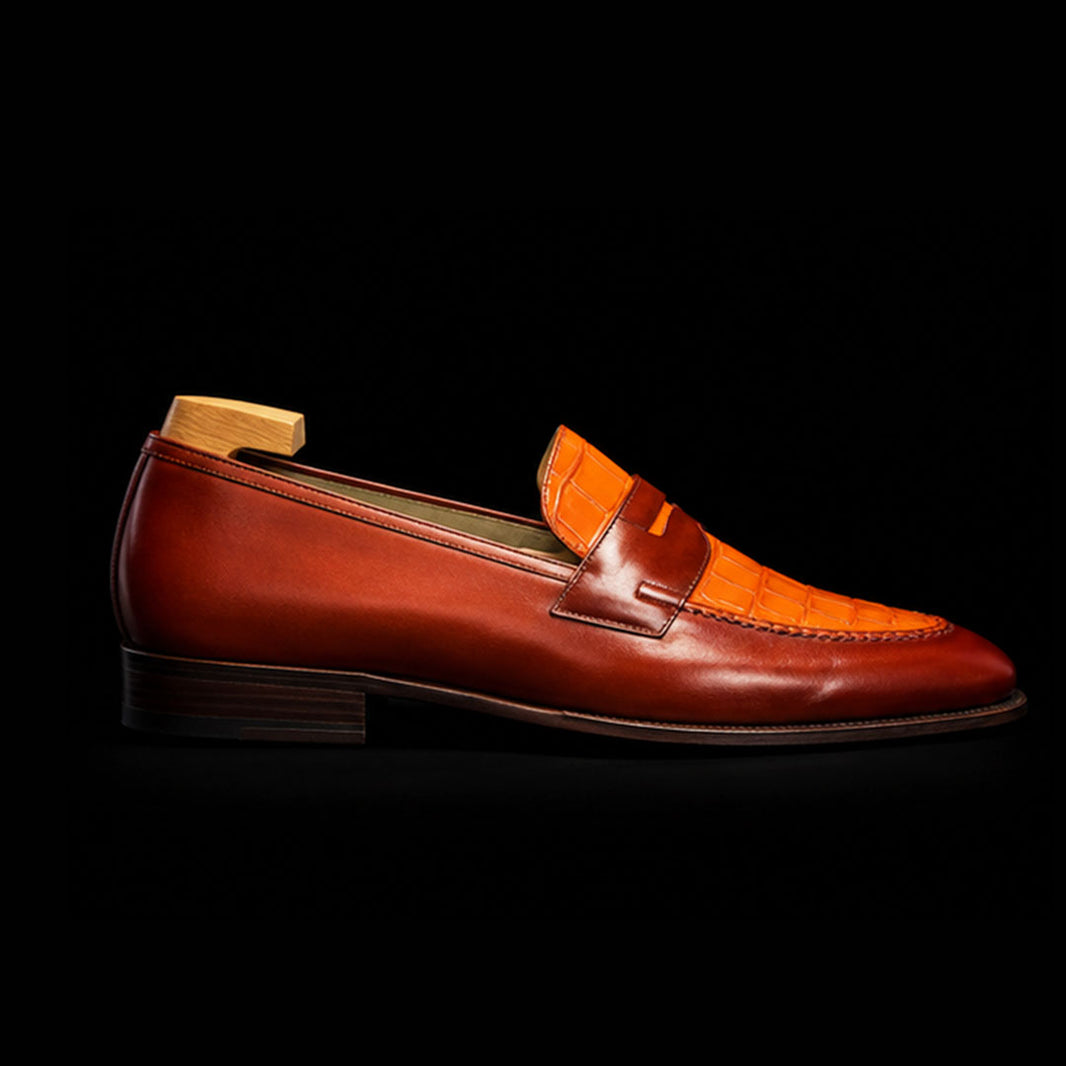 Men's Two Tone Tan Brown Alligator Leather Penny Loafers