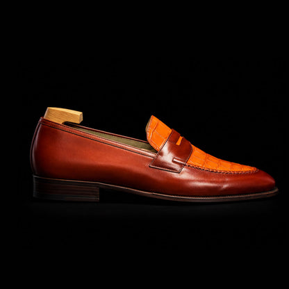 Men's Two Tone Tan Brown Alligator Leather Penny Loafers