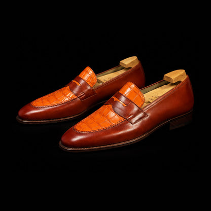 Men's Two Tone Tan Brown Alligator Leather Penny Loafers