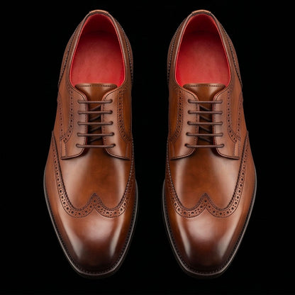 Men's derby in light brown leather with swallow tail and square toe