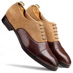 Men's Brown-Beige Suede Leather Cap Toe Dress Shoes