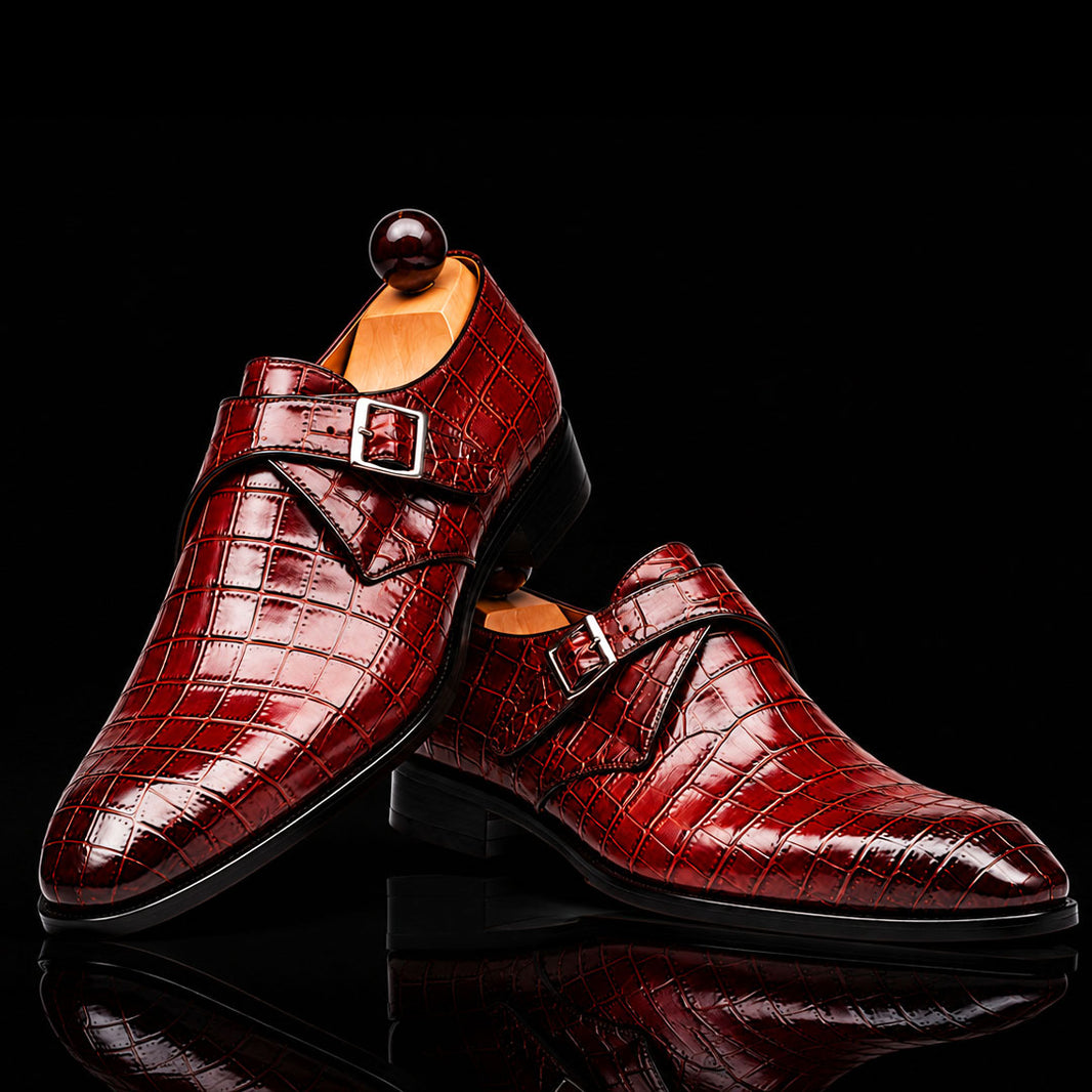 Men's Brown Patina Alligator Leather Monk Buckle Shoes