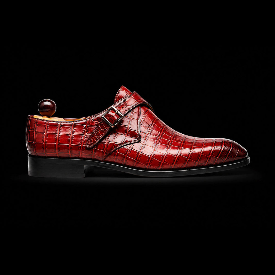 Men's Brown Patina Alligator Leather Monk Buckle Shoes