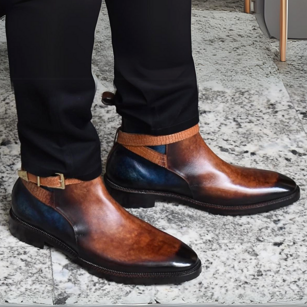 Mens Cross Strap Boots- Brown & Blue