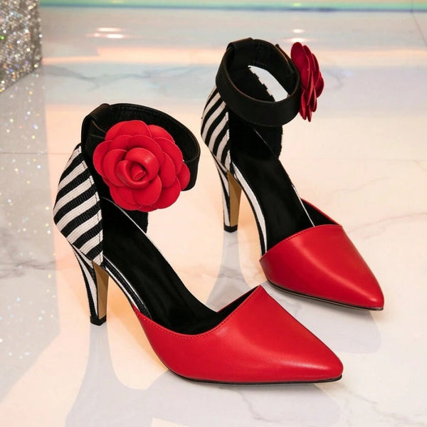 Black Chunky High-Heel Pumps with Red Floral Design