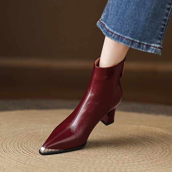 Pointed-Toe High-Heel Leather Ankle Boots for Women
