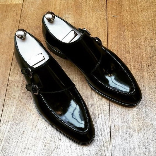 Men's Genuine Black Leather Double Monk Shoes