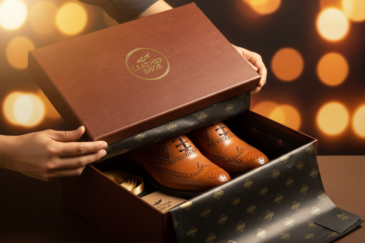 generate a image of customer opening leather shoe product with showing packaging and branding must be leather shoe brand with logo in a good background blurred like a testimonial 