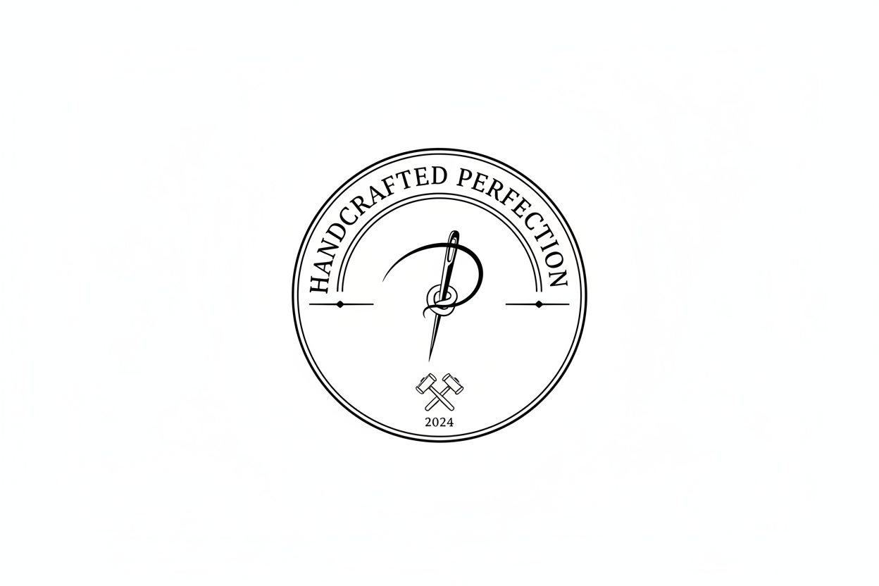generate a image of handcrafted perfection logo in a round shape with black color text and white background 