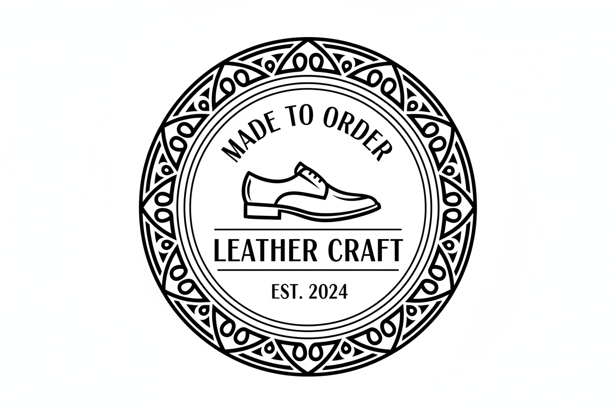 generate a picture of made to order for leather shoes brand with black text and design in round shape with white background