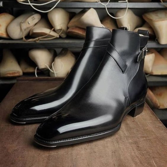 Handmade Men's Black Leather Ankle High Jodhpur Boots - LEATHERSHOE