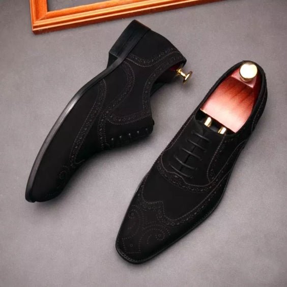 Handmade Men's Black Suede Leather Wingtip Oxford Shoes - LEATHERSHOE
