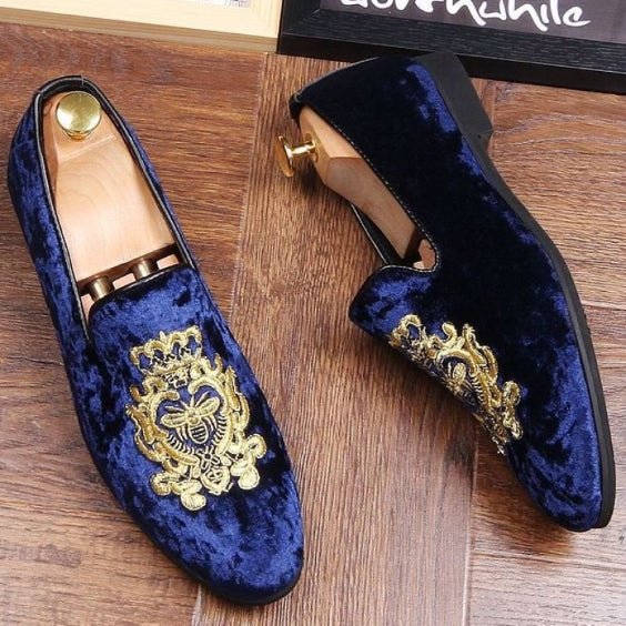 Handmade Men's Blue Embroidered Velvet Luxury Loafers - LEATHERSHOE