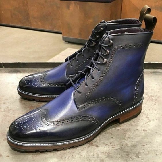 Handmade Men's Blue Patina Leather Wingtip Boots - LEATHERSHOE