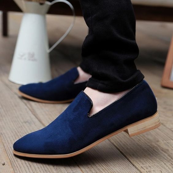 Handmade Men's Blue Suede Leather Moccasin Loafers - LEATHERSHOE