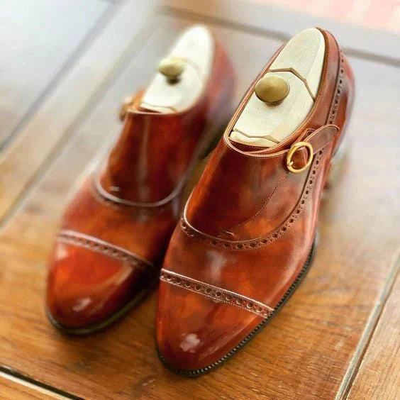 Handmade Men's Brown Leather Monk Buckle Shoes - LEATHERSHOE
