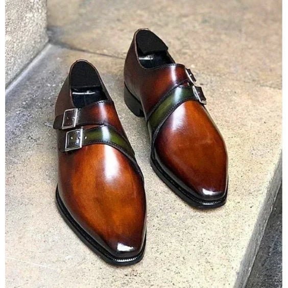 Handmade Men's Brown Patina Leather Double Monk Shoes - LEATHERSHOE