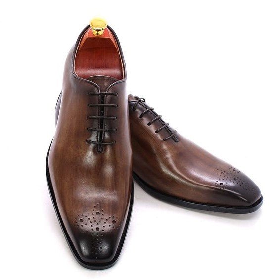Handmade Men's Brown Patina Leather Formal Dress Shoes - LEATHERSHOE