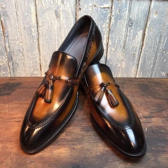Handmade Men's Brown Patina Leather Tassel Loafers - LEATHERSHOE