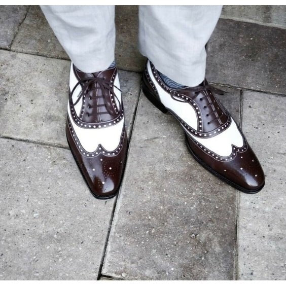 Handmade Men's Brown & White Leather Wingtip Shoes - LEATHERSHOE