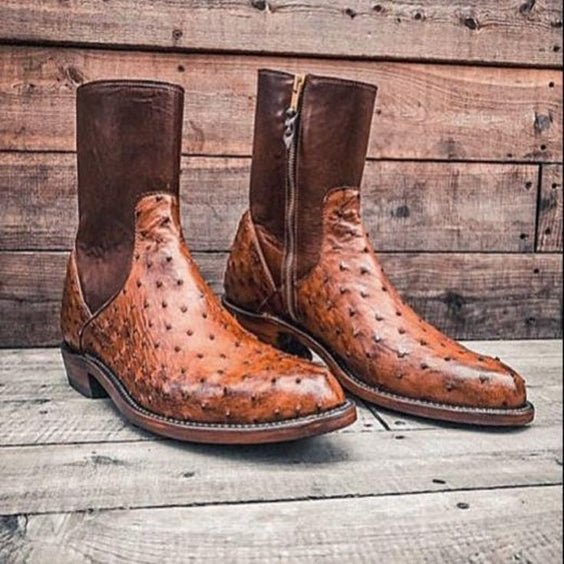 Handmade Men's Tan Brown Ostrich Leather Boots - LEATHERSHOE