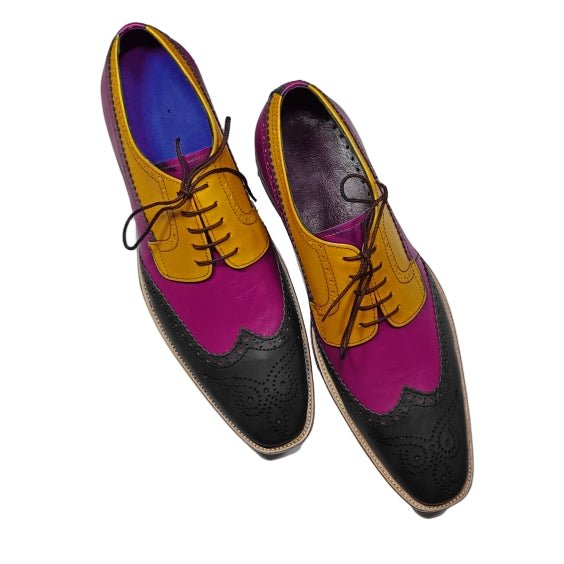Handmade Men's Tri Tone Leather Wingtip Oxford Shoes - LEATHERSHOE