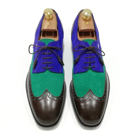 Handmade Men's Tri Tone Suede Leather Wingtip Oxford Shoes - LEATHERSHOE