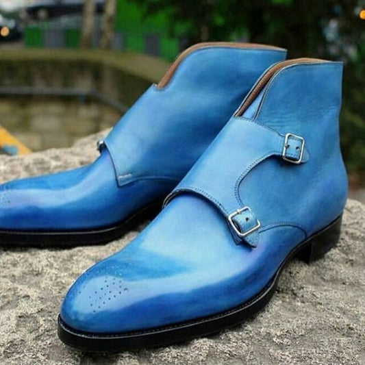 Men's Sky Blue Leather Double Monk Boots