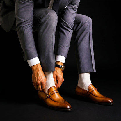 Men's Brown Patina Leather Monk Buckle Loafers