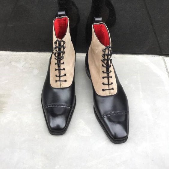 Men's Beige & Black Suede Leather Dress Boots - LEATHERSHOE