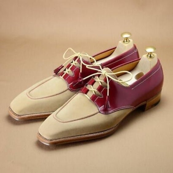 Men's Beige & Burgundy Suede Leather Dress Shoes - LEATHERSHOE
