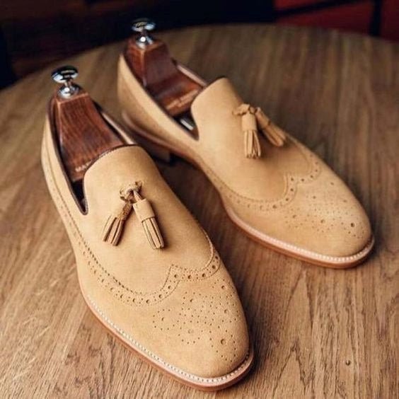 Men's Beige Suede Leather Tassel Loafers - LEATHERSHOE