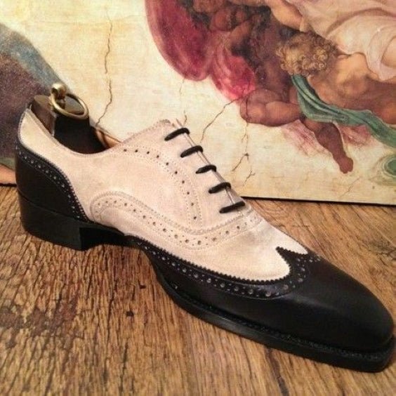 Men's Black & Beige Suede Leather Wingtip Oxford Shoes - LEATHERSHOE