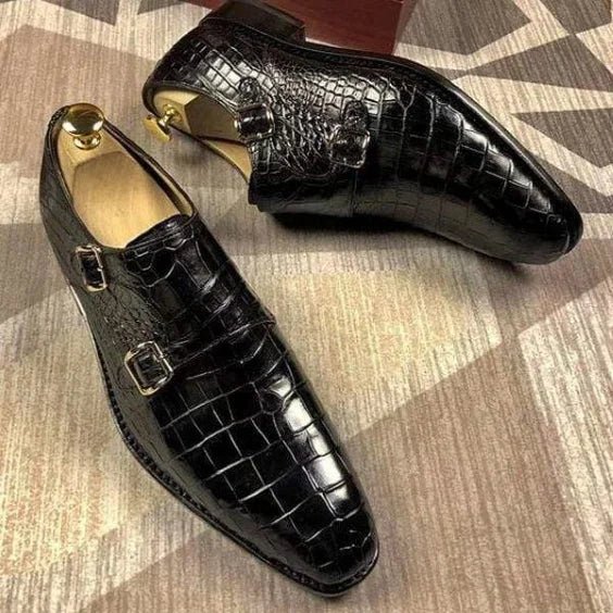 Men's Black Leather Double Monk Shoes - LEATHERSHOE