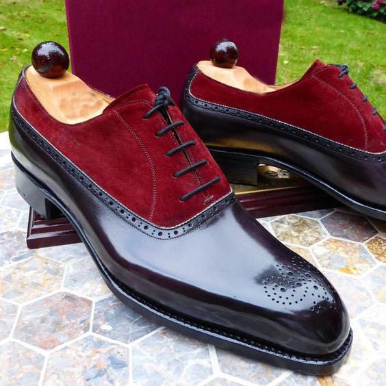 Men's Black & Maroon Suede Leather Oxford Shoes - LEATHERSHOE