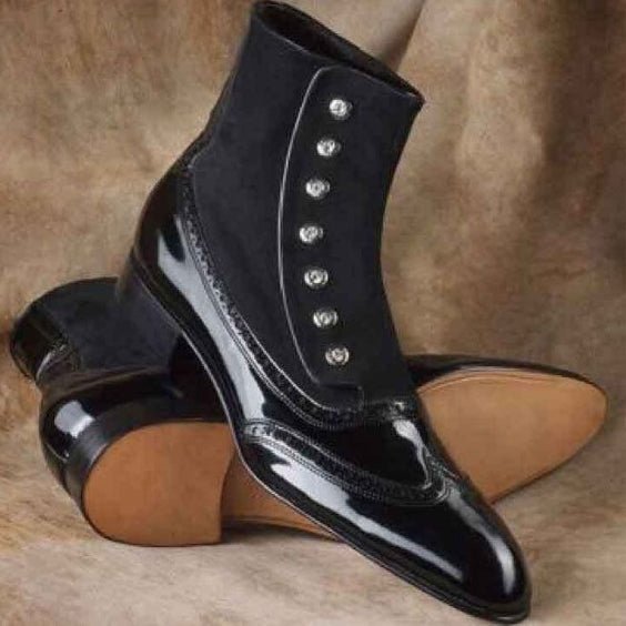 Men's Black Patent Leather Ankle High Button Boots - LEATHERSHOE