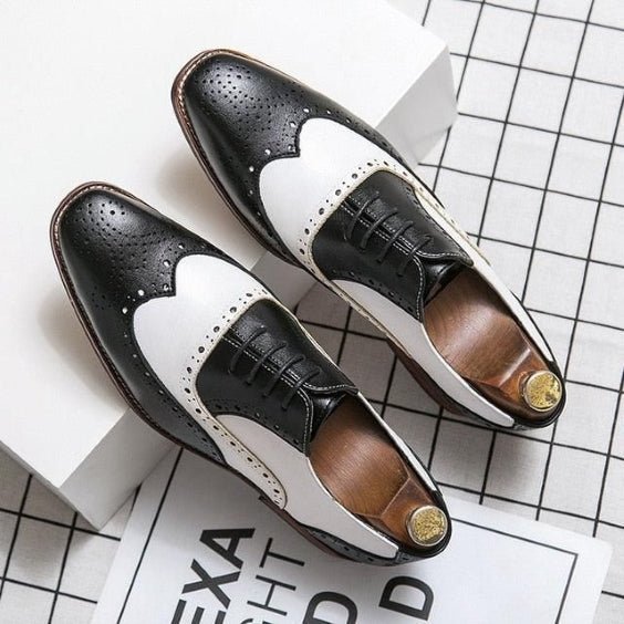 Men's Black & White Leather Wingtip Spectator Shoes - LEATHERSHOE