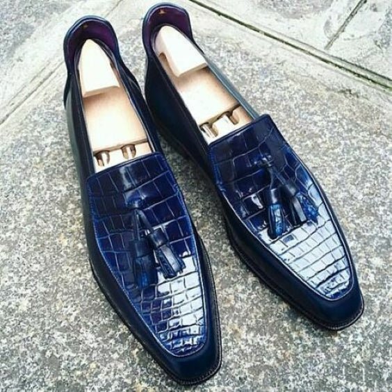 Men's Blue Alligator Texture Leather Tassel Loafers - LEATHERSHOE