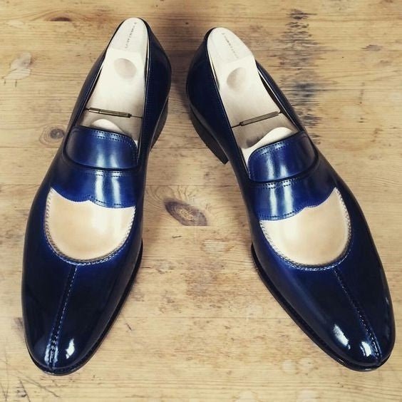 Men's Blue & Beige Patina Leather Moccasin Loafers - LEATHERSHOE