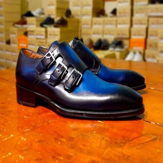 Men's Blue Patina Leather Triple Monk Dress Shoes - LEATHERSHOE