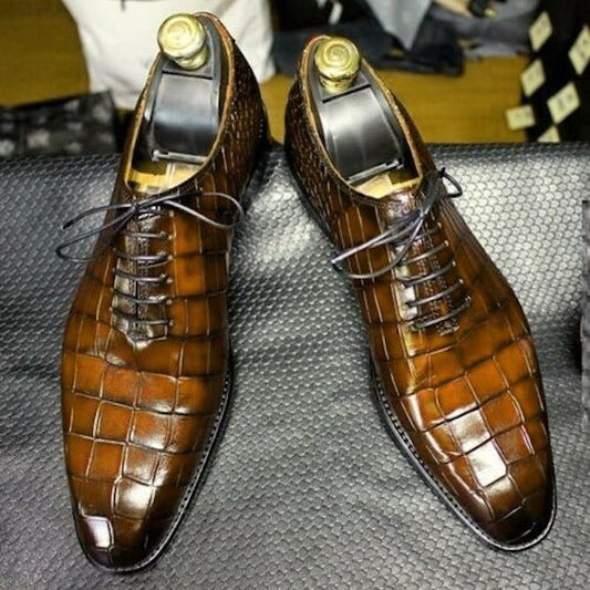 Men's Brown Alligator Leather Formal Lace Up Shoes - LEATHERSHOE