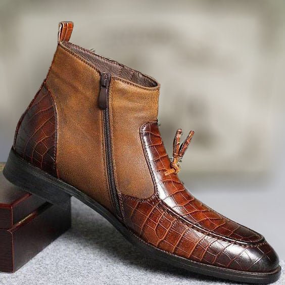Men's Brown Alligator Texture Leather Tasseled Zipper Boots - LEATHERSHOE