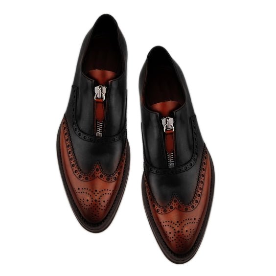 Men's Brown & Black Leather Wingtip Zipper Shoes - LEATHERSHOE