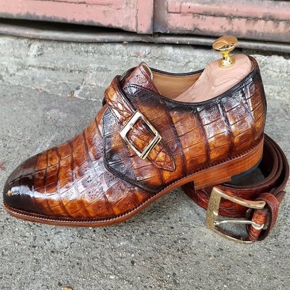 Men's Brown Crocodile Texture Leather Monk Shoes - LEATHERSHOE