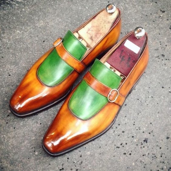 Men's Brown & Green Leather Monk Buckle Dress Loafers - LEATHERSHOE