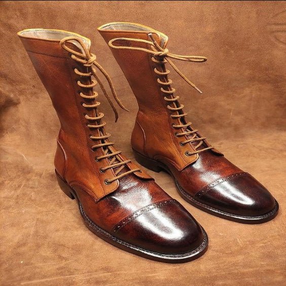 Men's Brown Leather Calf High Military Boots - LEATHERSHOE