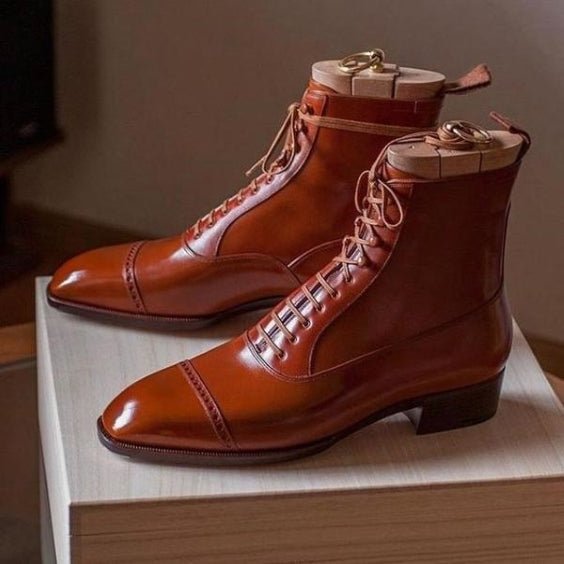 Men's Brown Leather Cap Toe Ankle High Dress Boots - LEATHERSHOE
