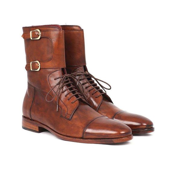Men's Brown Leather Double Buckle Military Boots - LEATHERSHOE