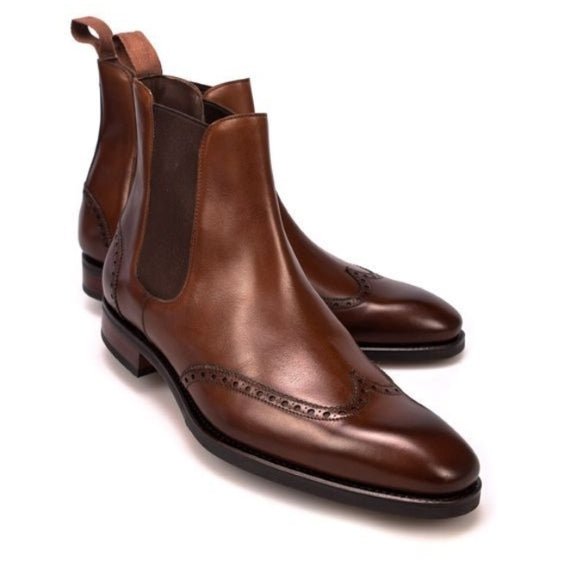 Men's Brown Leather Wingtip Chelsea Boots - LEATHERSHOE