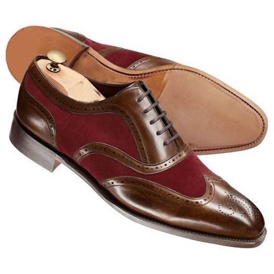 Men's Brown & Maroon Suede Leather Wingtip Oxford Shoes - LEATHERSHOE